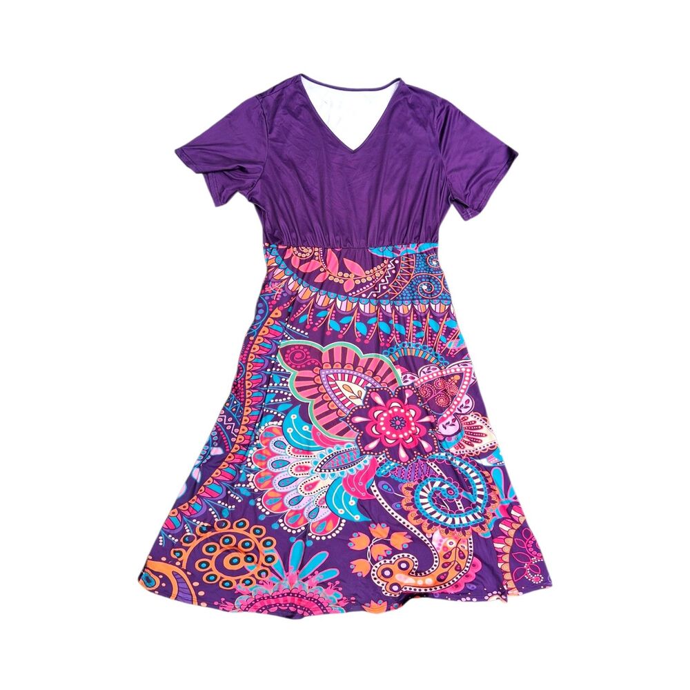 Plus Size 3X Purple Boho Paisley V-Neck Dress Pink Teal Short Sleeve